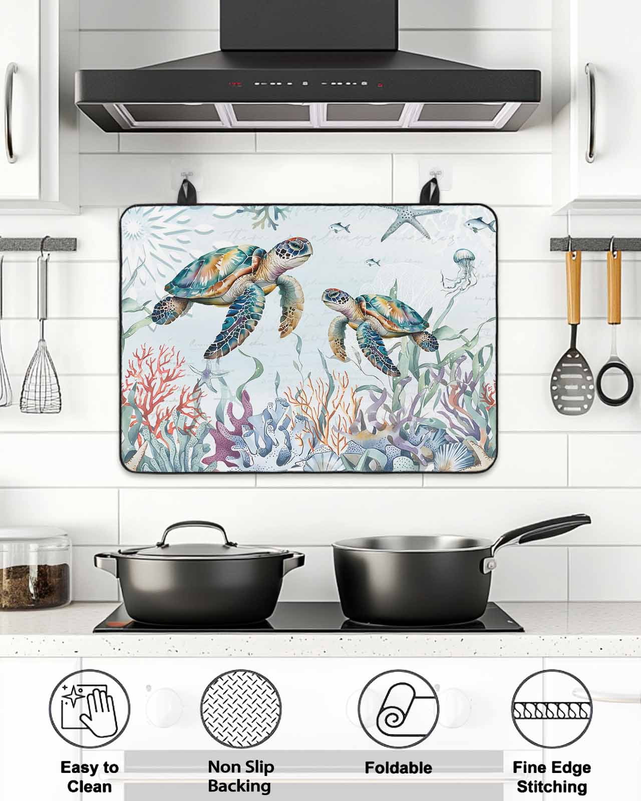 Stove Top Covers for Electric Stove, Coastal Turtle Glass Stovetop Cover Protector, Ocean Starfish Coral Nautical Octopus Induction Cooktop Protector Oven Mat for Kitchen Countertop 24"x21"