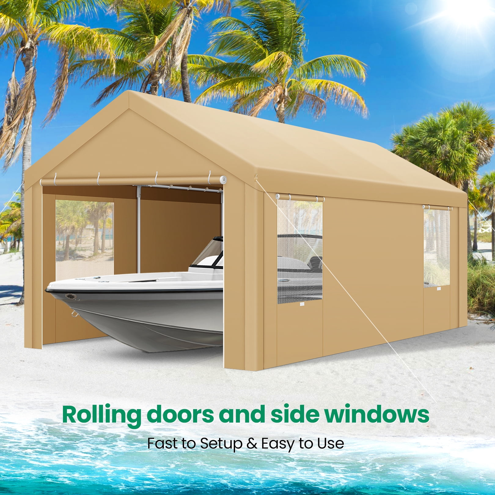 SANOPY 10'x20' Carport Heavy Duty Car Canopy Tent Outdoor Metal Car Tent Garage Shelter Shade Large Carport with 4 Roll-up Ventilated Mesh Windows & 2 Roll-up Sidewalls, Khaki