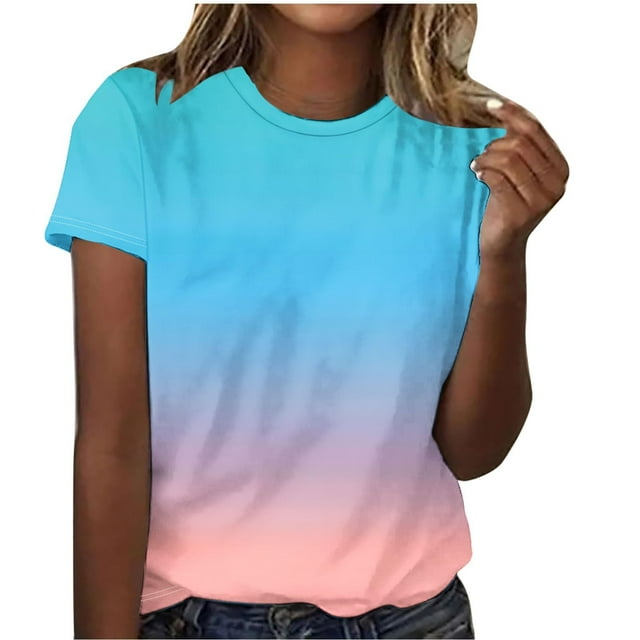 T-Shirts Dégradés pour Femmes - Mode Col Rond Décontracté Manches Courtes - Hauts Quotidiens Extensibles Doux, Bleu Ciel T-Shirt Dégradé Mode Col Rond Décontracté
