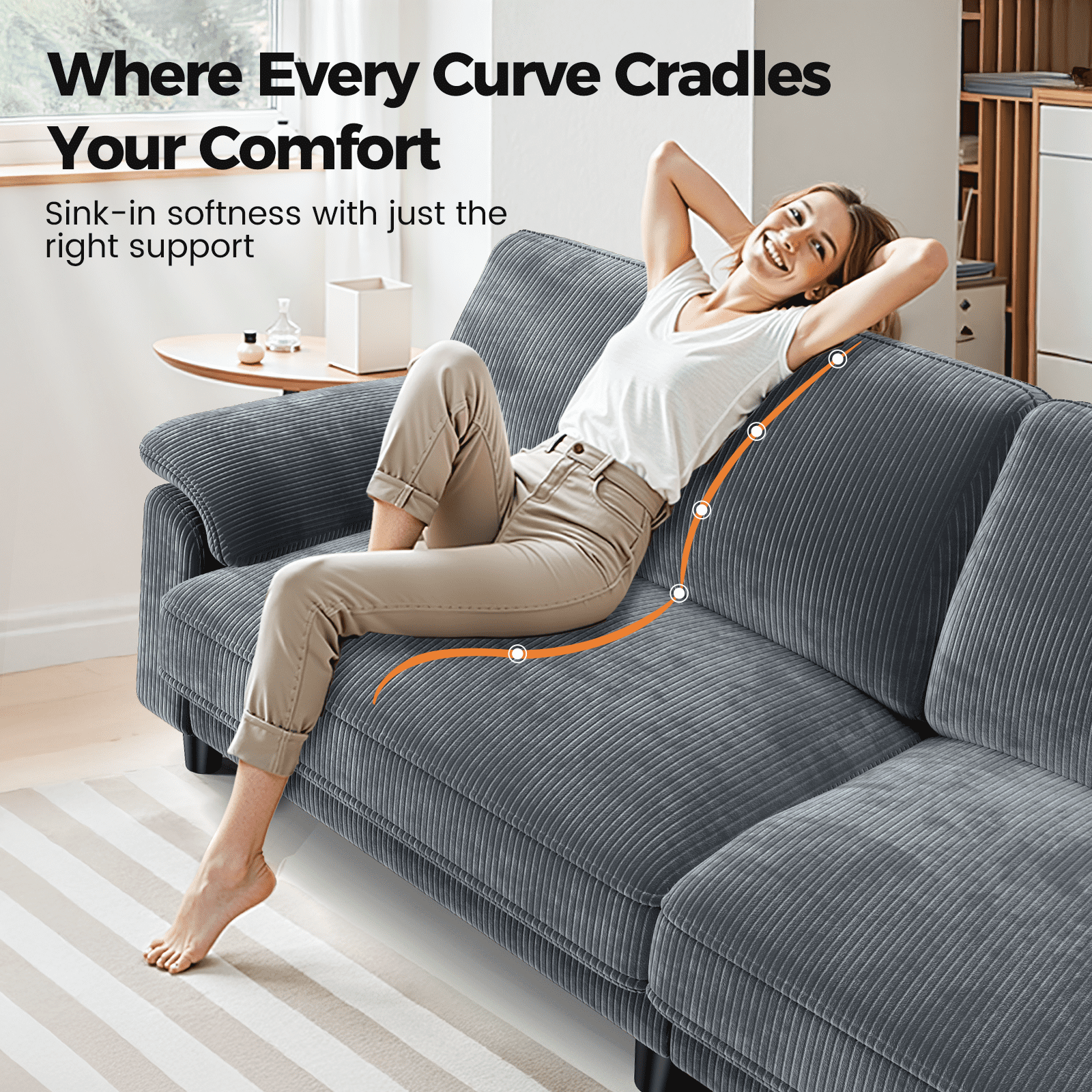 Patbrela 83" Corduroy Sofa, Loveseat Sofa with Extra Deep Seat Couches, Comfy Upholstered Couch for Living Room, No Assembly with 2 Pillows, Gray
