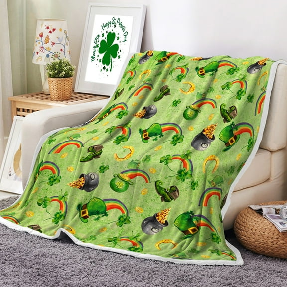 St. Patrick's Day Throw Blankets, Vintage Green Irish Lucky Clovers Gold Coins and Rainbow Warm Cozy Flannel Blanket, Irish Festival Theme Decorate Blanket for Sofa Camping Couch Bed Travel 50×60 inch