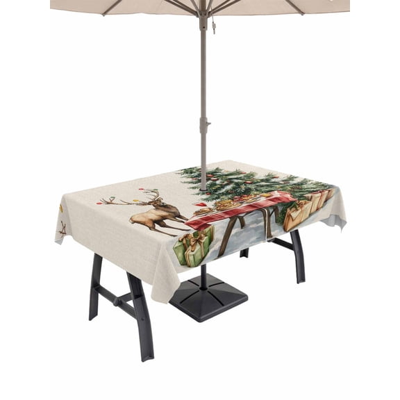 Outdoor Tablecloth with Umbrella Hole and Zipper, Christmas Rectangle Table Cloth 60x120 Inch Waterproof Tablecloth, Xmas Tree Winter Deer Pine Fruits Beige Picnic Table Cover for Patio Camping