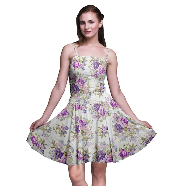 Bimba Robe d'Été Sans Manches Mini Fluide à Fleurs pour Femmes Robe de Soleil à Imprimé Floral-Moyen