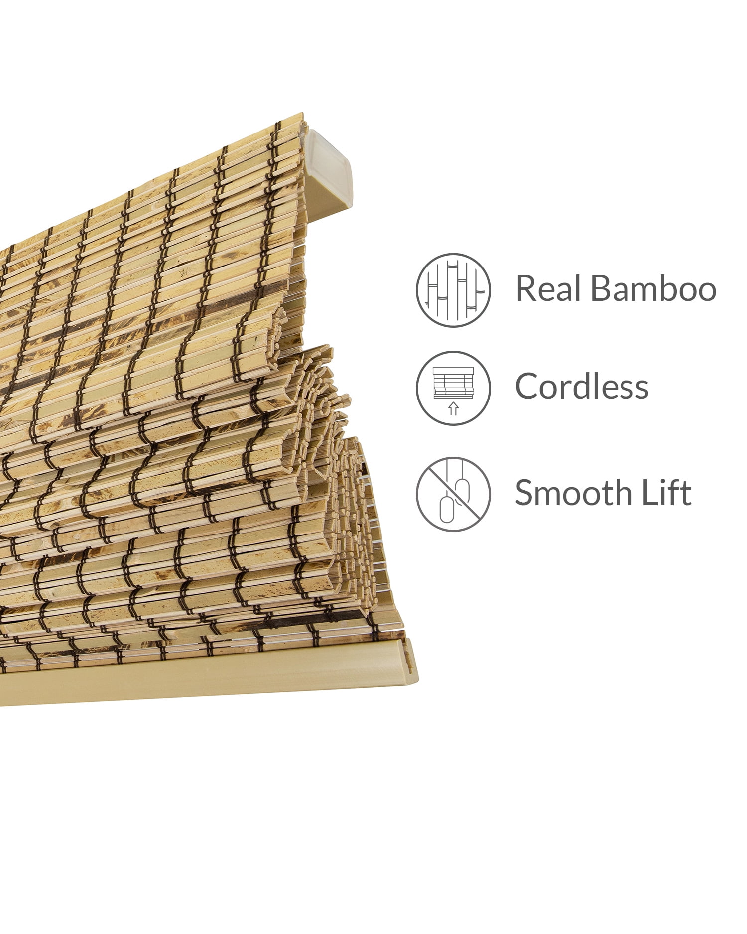 Chicology 39"W x 64"H Tortoise Cordless Bamboo Shades, Natural Woven Wood, Light Filtering, Safe for Kids & Pets