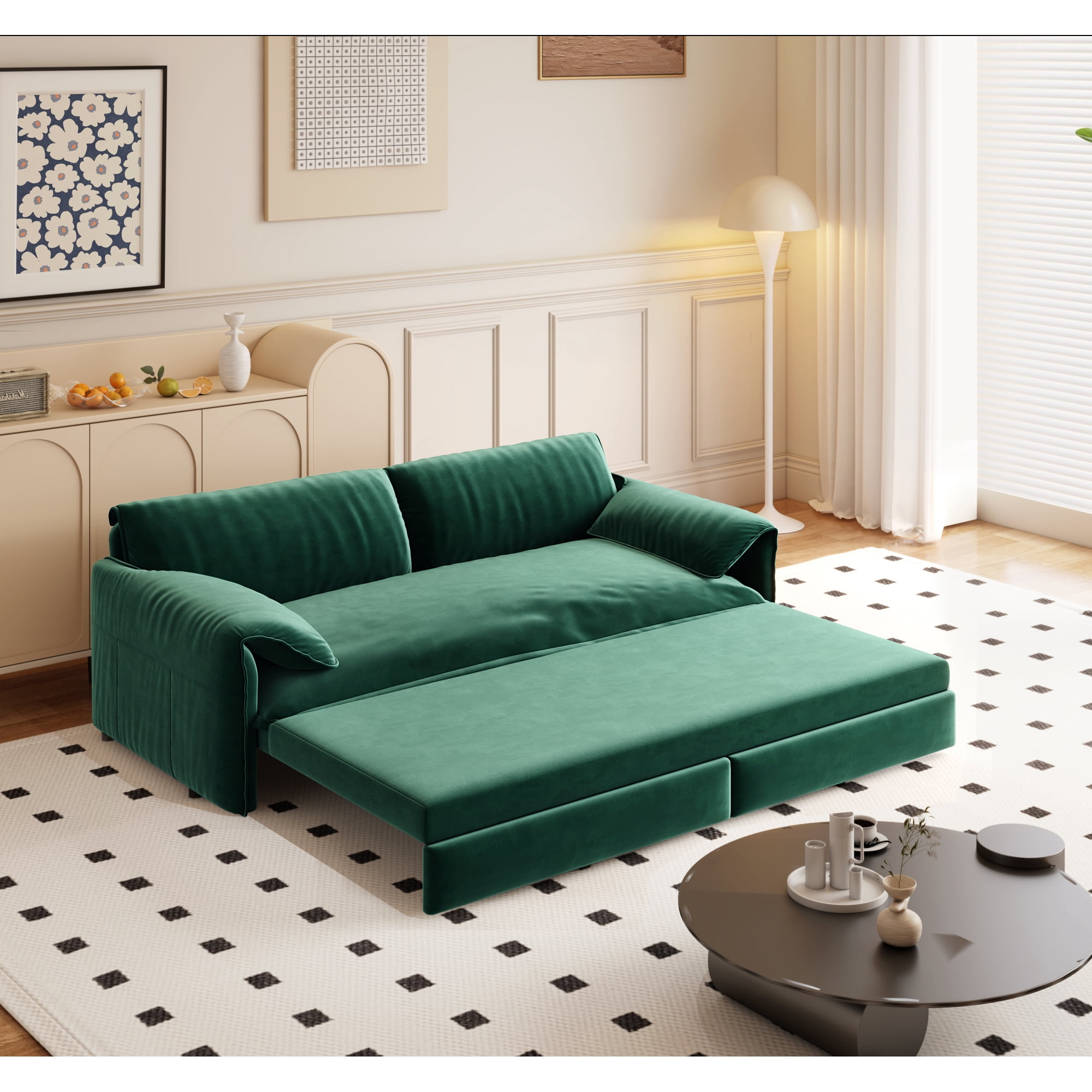 HOQBN Queen Pull Out Sofa Bed, 3-in-1 Convertible Sleeper Sofa with Side Storage,66"W Multi-Functional Velvet Loveseat Sofa Bed for Living Room,Green