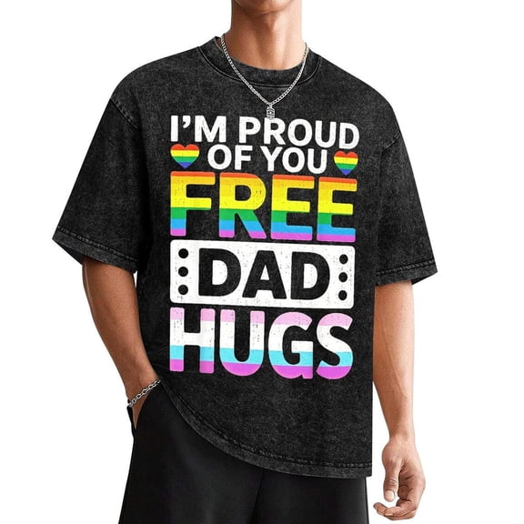 Mens Rainbow Free Dad Hugs LGBTQ Pride Month T-Shirt - LGBT Tee With Rainbow Lettering Washed Tee