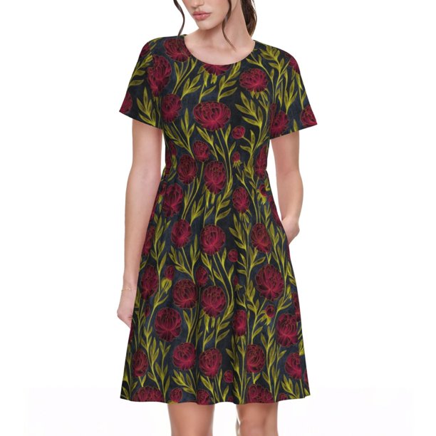 Balery Burgundy Peony Flowers Vestidos sueltos de manga corta para mujer, vestidos de verano 2025, vestidos casuales de corte A con vuelo.