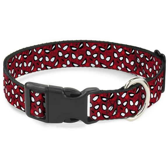 Marvel Comics Pet Collar, Dog Collar Plastic Buckle, Spider Man Eyes Spiders Scattered Reds Black White, 7 to 8.5 Inches 0.5 Inch Wide
