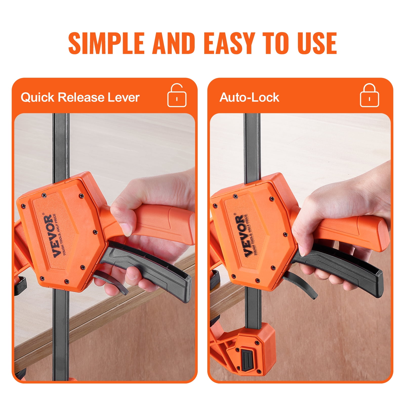 VEVOR Bar Clamps for Woodworking, 2-Pack 24" One-Handed Clamp/Spreader, Quick-Change F Clamp with 300 lbs Load Limit, High-strength Plastic and Carbon Steel, Wood Clamps for Woodworking Metal Working