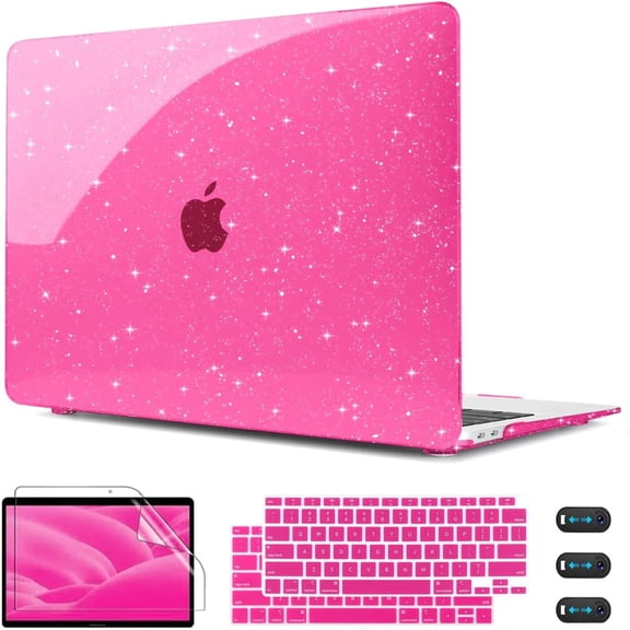 Rose Pink Glitter Case for MacBook Air 13 Inch 2021 2020 2018 Release Model A2337 M1 A2179 A1932, Sparkly Hot Pink Hard Shell Case with Keyboard Cover for MacBook Air13 2020-2021 with Touch ID