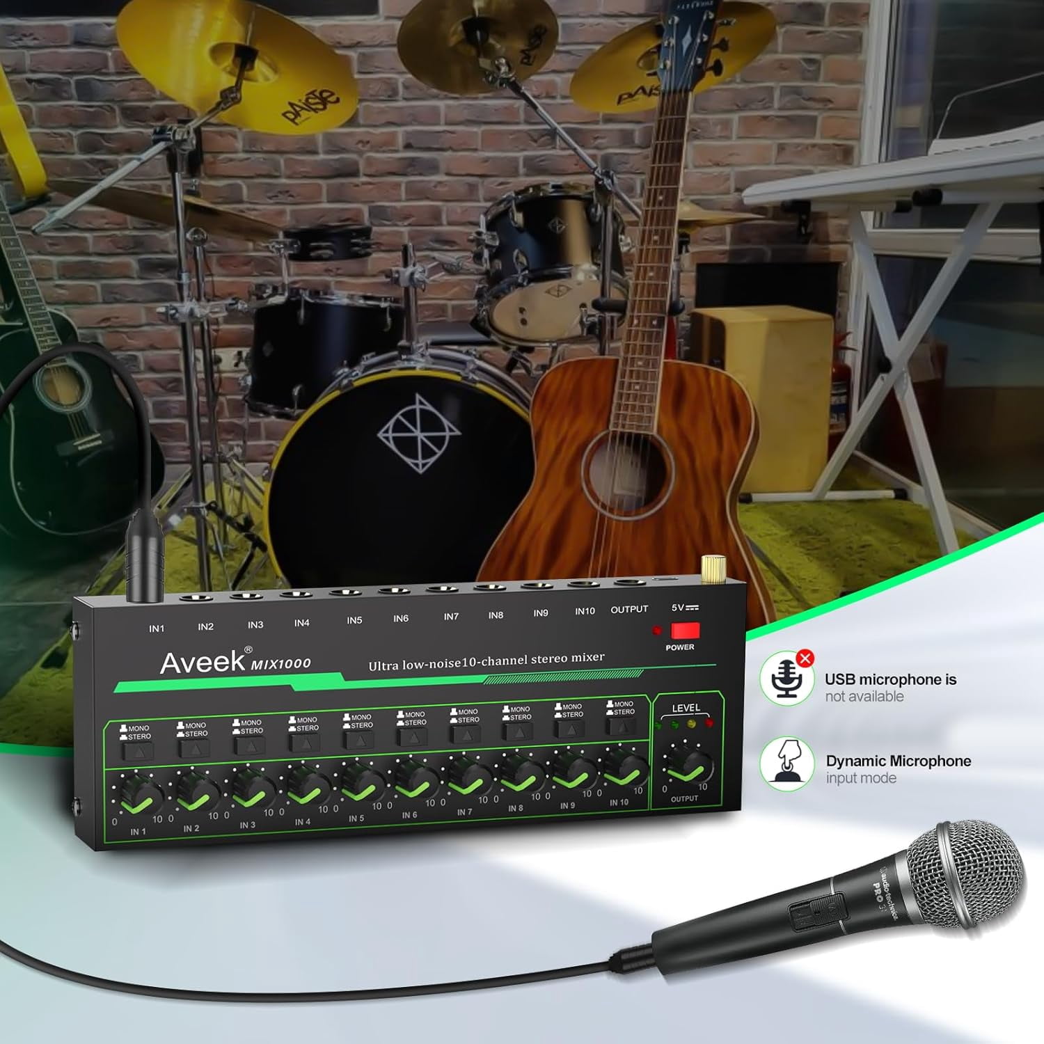 Aveek 10 Channel Mixer - Mini 10 Stereo Audio Mixer, Low-Noise for Precision Sub-Mixing,1/4" TRS Ideal for Mics/Guitars/Bass/Stage