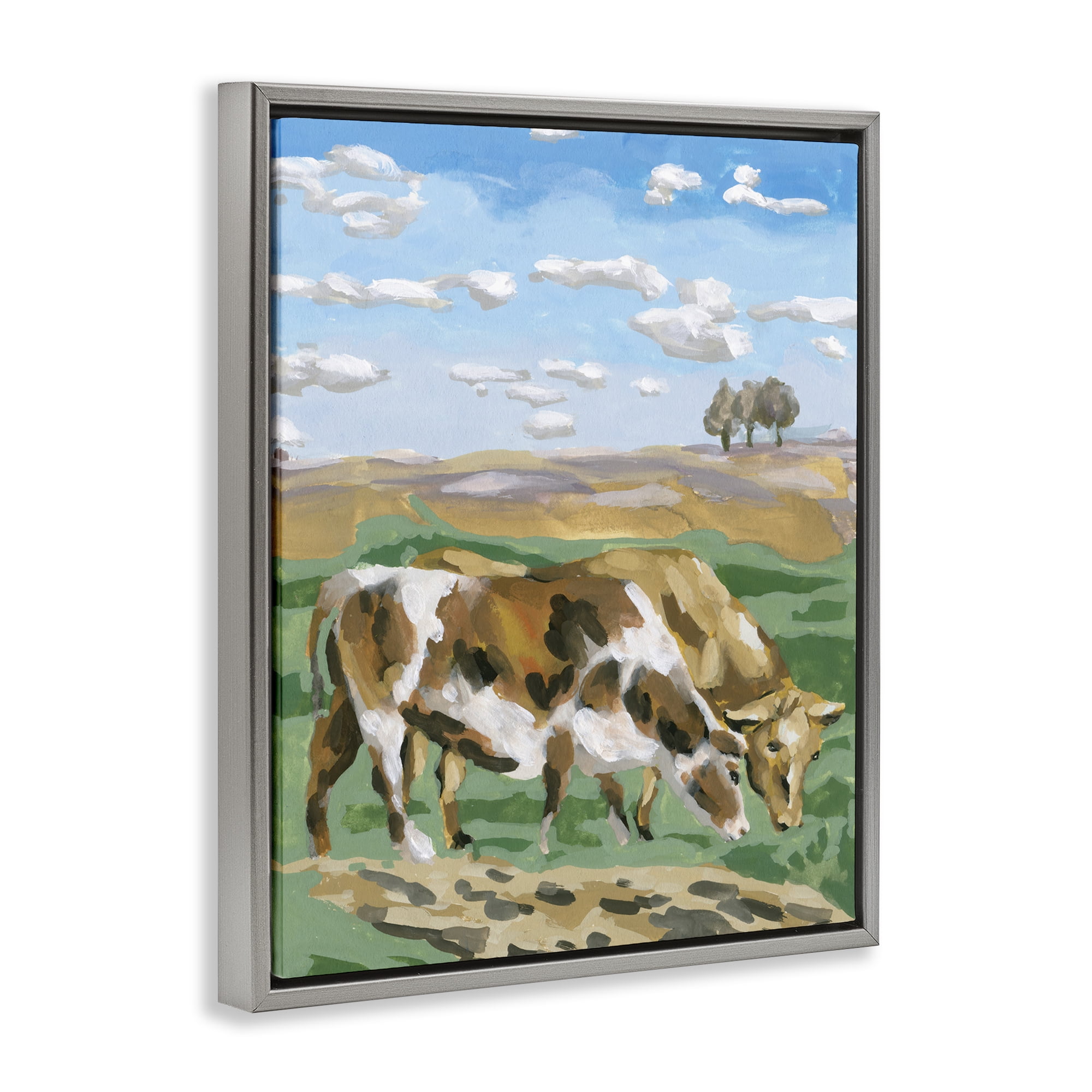 Stupell Industries Cattle Pair in Farmland Animals Painting Gray Floater Framed Canvas Art Print Wall Art, 25 x 31