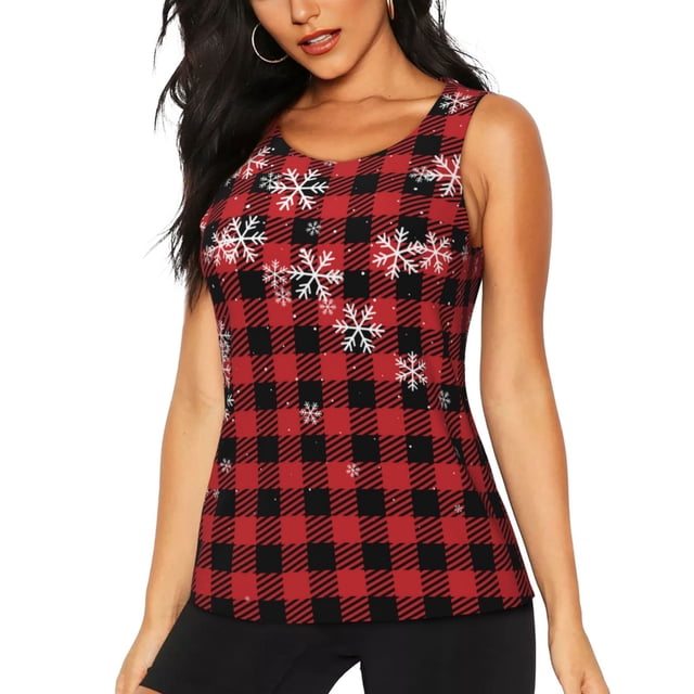 Fotbe Red Buffalo Plaid Blusas Sin Mangas para Mujer – Estilo Casual, Corte Suelto, Slim-Fit, Cuello Redondo Deportivo, Tops de Verano para Gimnasio y Yoga-Medium