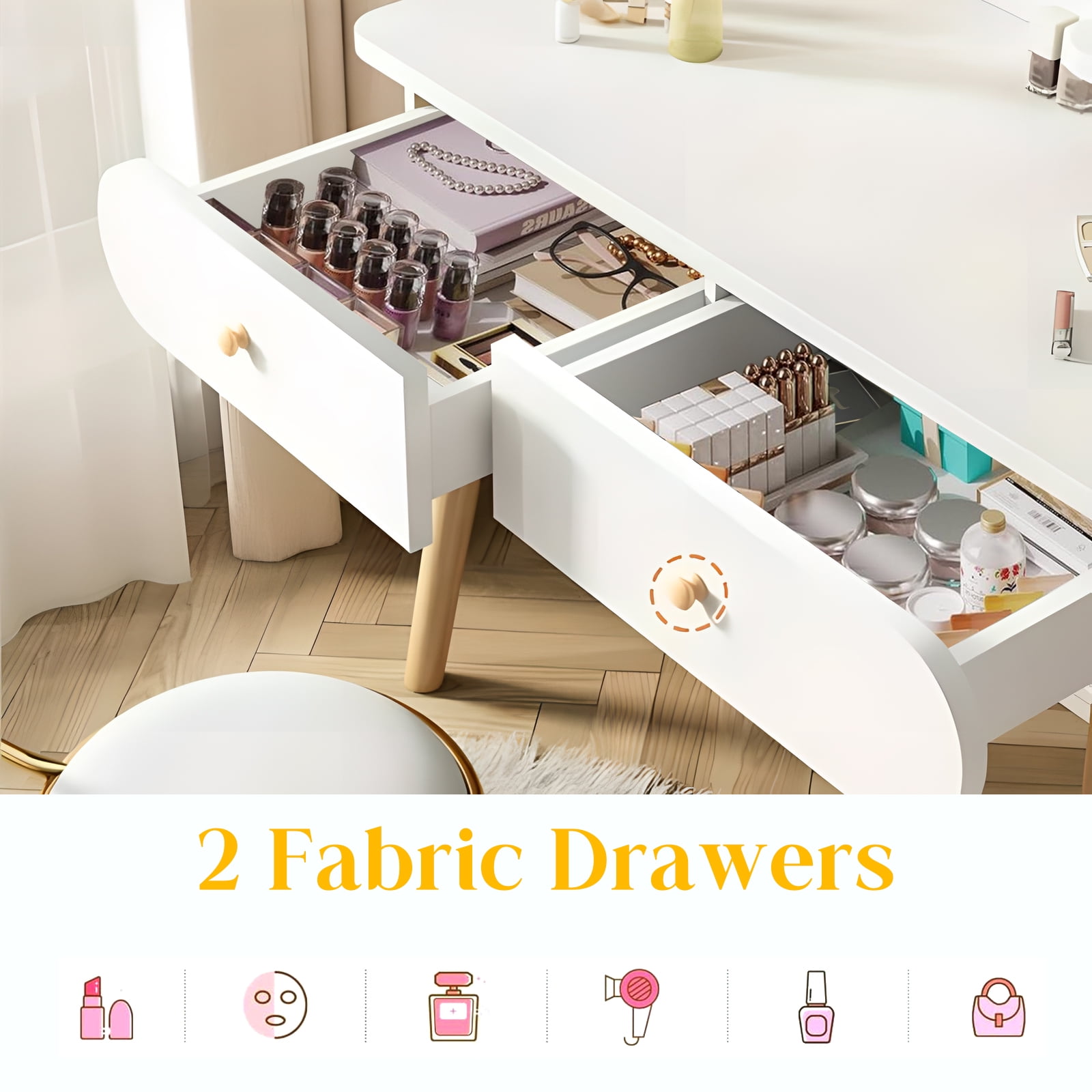 RICHYOUNG Vanity Table Set with Mirror, Makeup Table with 2 Large-Drawer for Bedroom, White(Without Stool)