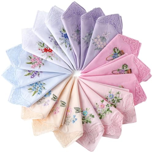 18 Pieces Ladies Cotton Handkerchiefs Flower Embroidered with Lace Colored Embroidered Handkerchiefs for Women