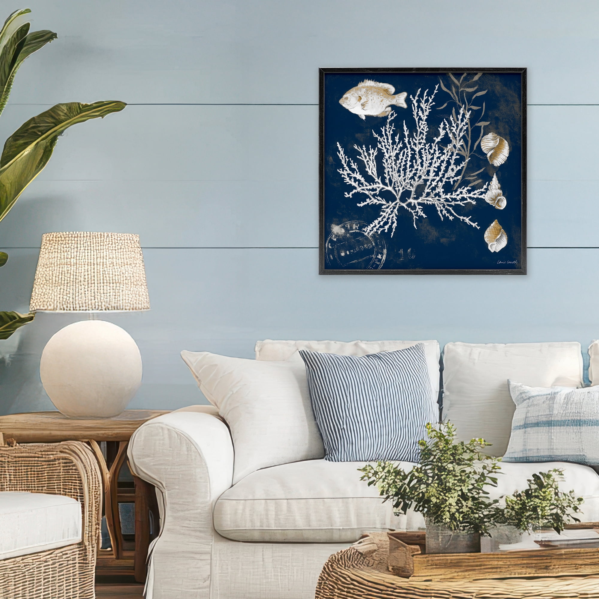 Stupell Industries Coral Medley on Blue Black Framed Giclee Art, design by Lanie Loreth