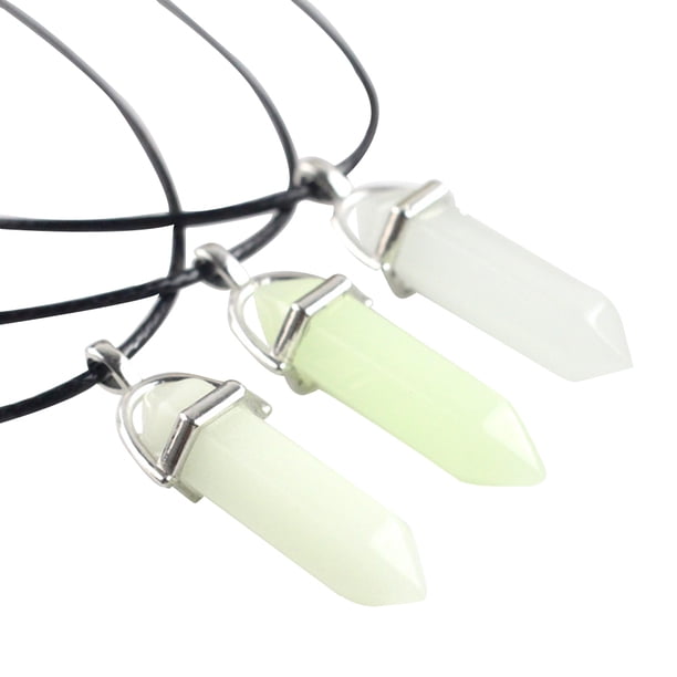 EeaseMX Collar de 3 piezas con colgante de columna hexagonal fluorescente de piedra luminosa, cadena de cuero con piedra de cristal natural (luz azul, luz verde, luz azul-verde).