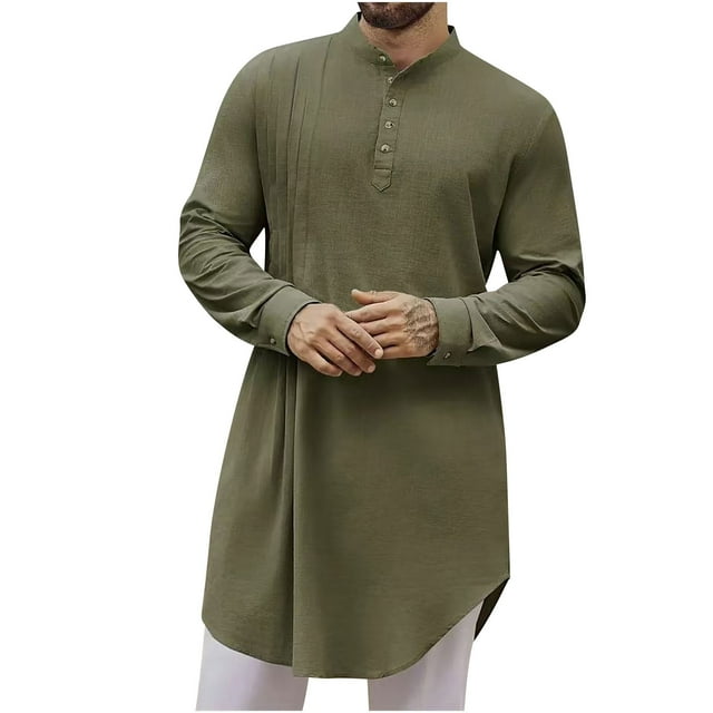 Mens Kaftan Robe Button Down Long Sleeve Linen Thobe Casual Muslim Gown Classic Banded Collar Henley Shirt