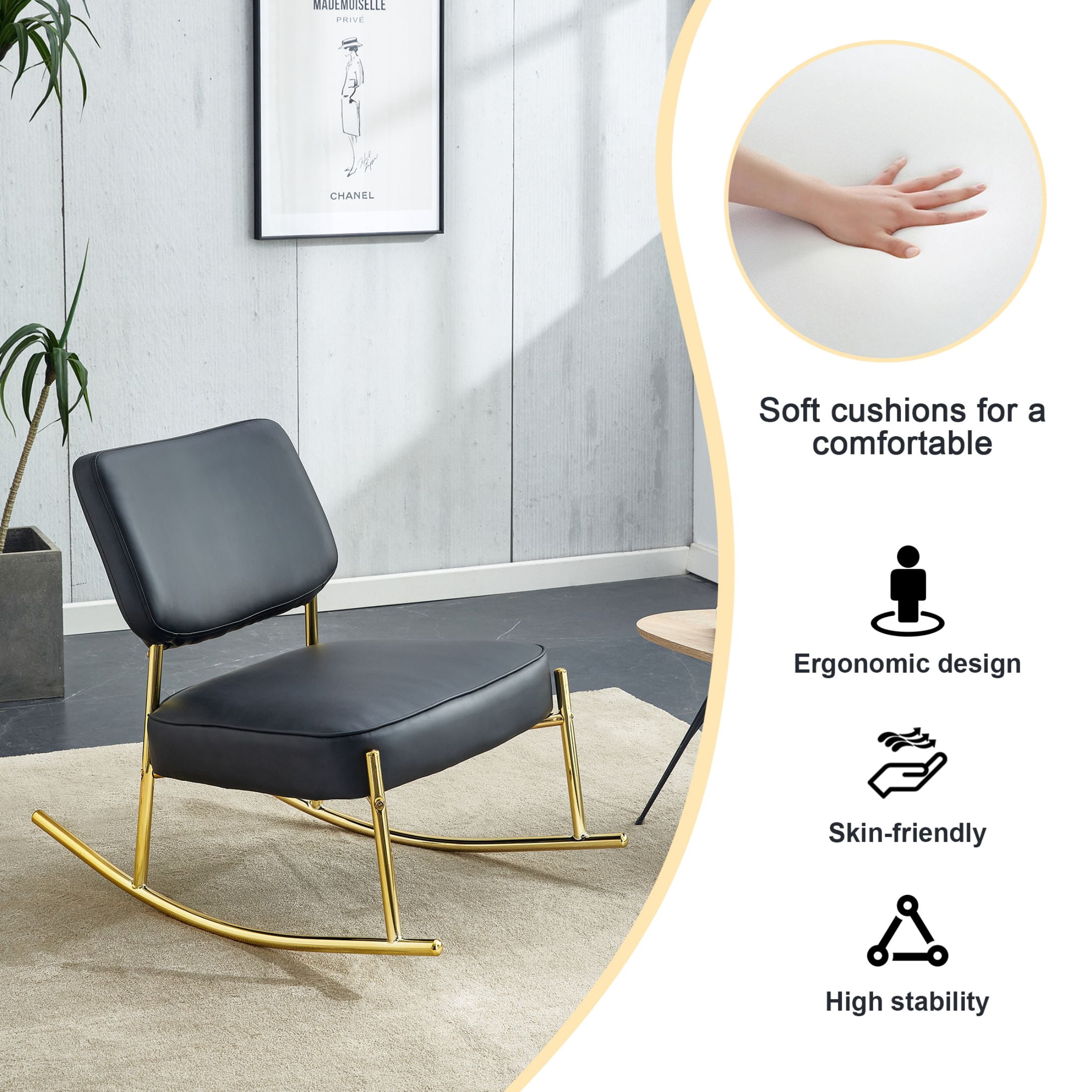 Aukfa Deep Seating Rocking Chair with PU Leather Padded Seat, Golden Metal Legs for Living Room, Black