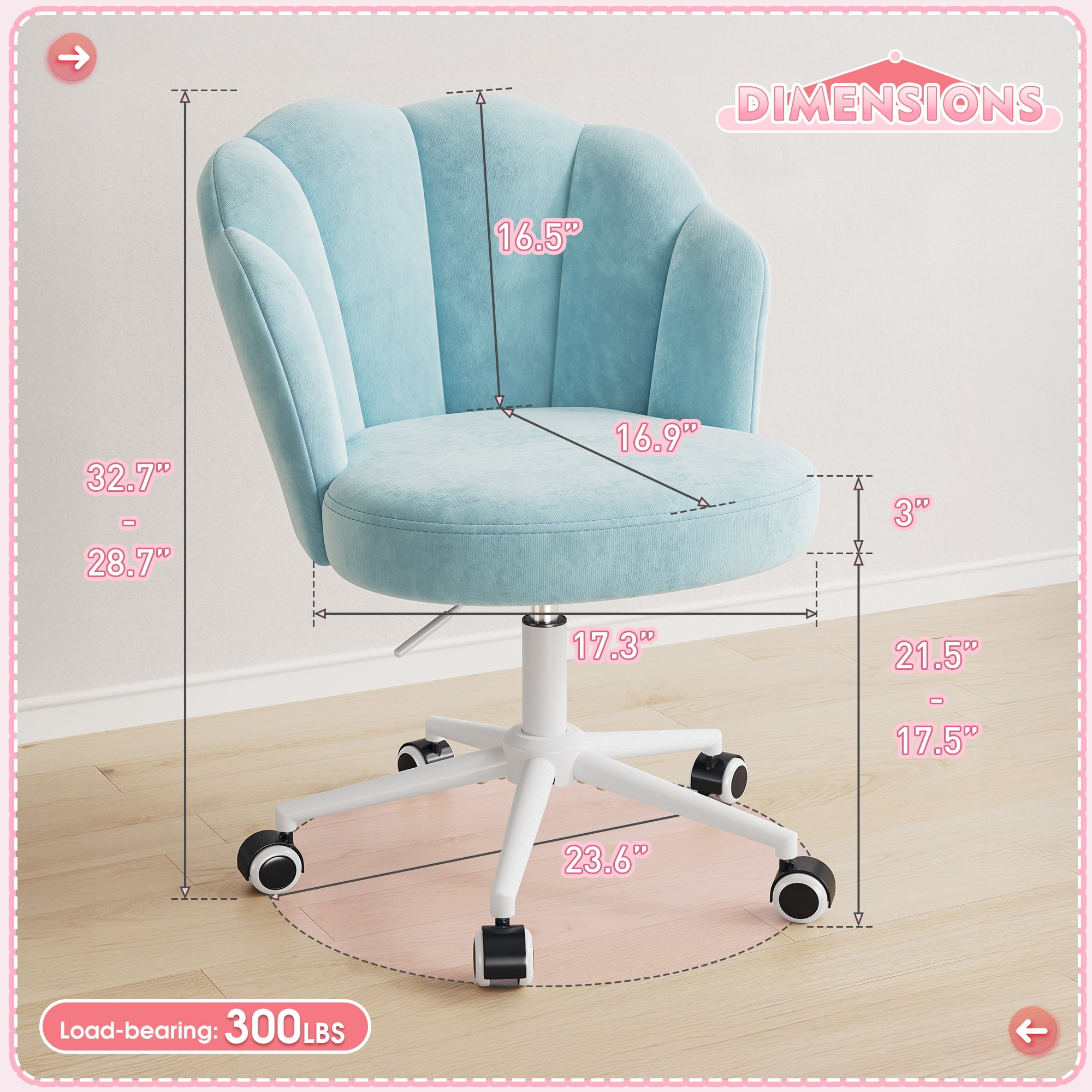Romorgniz Velvet Vanity Chair with Petal Backrest Height Adjustable Desk Chair with Wheels Seashell Makeup Chair for Bedroom, Blue