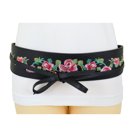 Women Wide Black Faux Leather Wrap Around Tie Belt Flowers S M