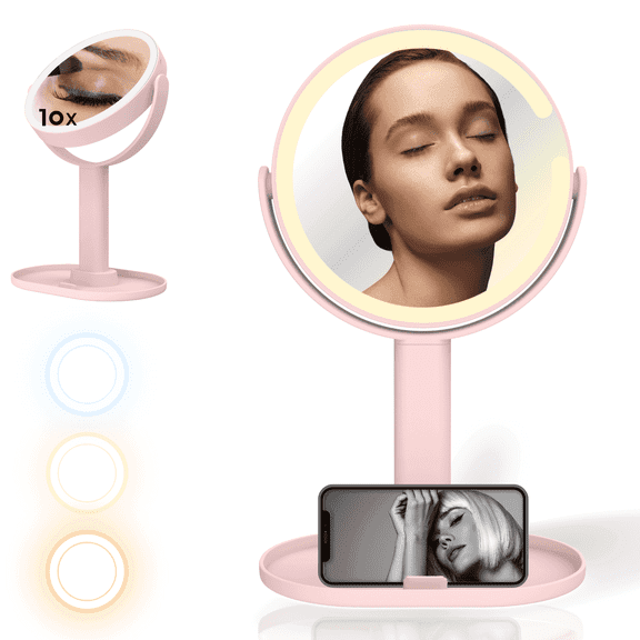 Rechargeable 8" Lighted Makeup Mirror with 1X/10X Magnification, 3 Color Lighting Modes, Adjustable Brightness, Portable Vanity Mirror for Makeup and Skincare, Pink