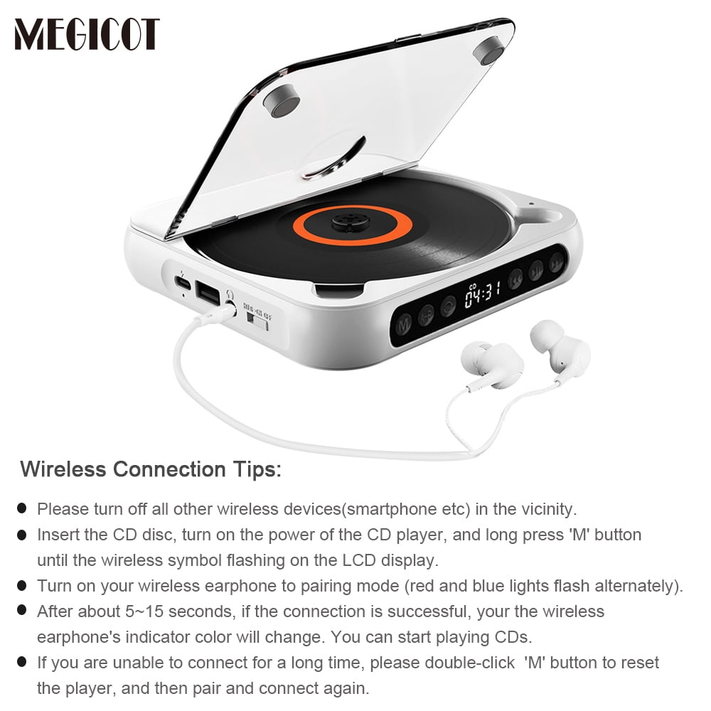 MEGICOT Bluetooth Rechargeable CD Player with Hold Function LED Display USB Audio Port, 2000mAh Personal MP3 CD Player for Listening Music Prenatal Education Children Study