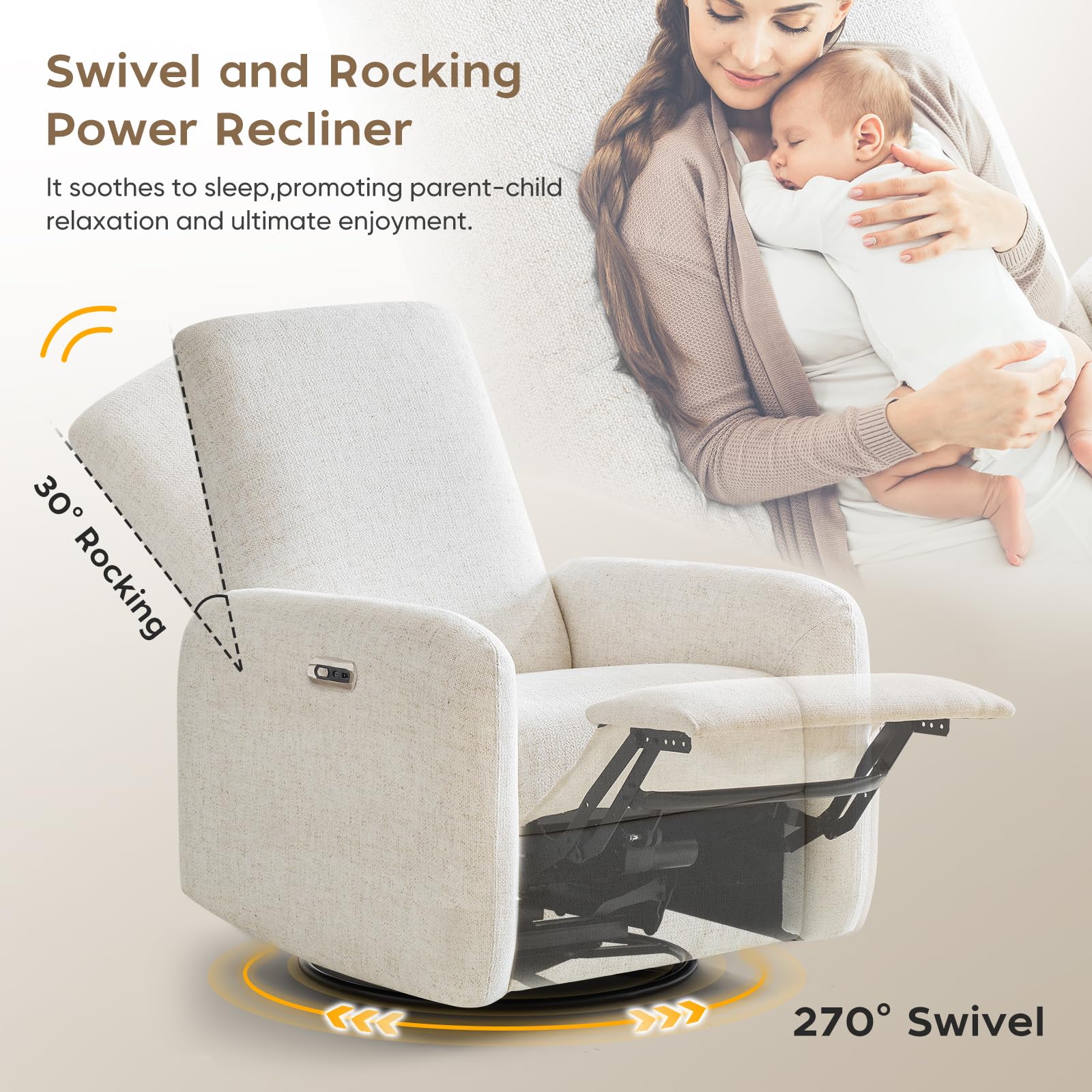 JULY'S SONG Power Glider Recliner Chair, 270°Swivel Rocker Reclining Chair with USB Ports for Nursery, Cream