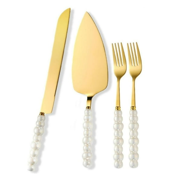 4 Pcs Wedding Cake Knife and Server Set, Dingrich Ceramic Pearl Handle Cake Cutting Set Stainless Steel Pie Cutter for Weddings, Engagements, Anniversaries, Engagement Gifts for Couples (Gold)
