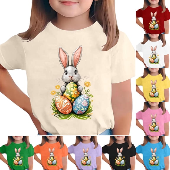Yxbdin Easter Shirts for Kids Loose Bunny Short Sleeve Shirt Funny Easter Eggs Graphic Blouses Cute Girls Festival Outfits Summer Tops Red 3-4Years