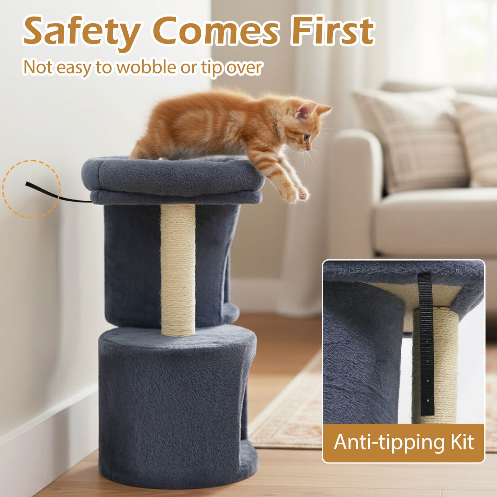 Costway 26” Small Cat Tree with Large Padded Plush Perch, 2 Condos, Sisal Scratching Posts Dark Gray