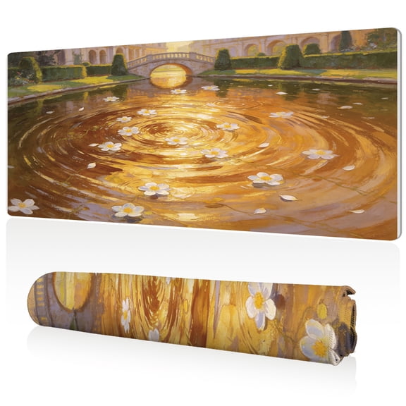 LIVEKEY Extra Large Mouse Pad 80x40x0.3cm Golden Pond with Floating Flowers Design Full Desk Coverage Non Slip Durable Easy Clean Stitched Edges for Gaming and Office Use