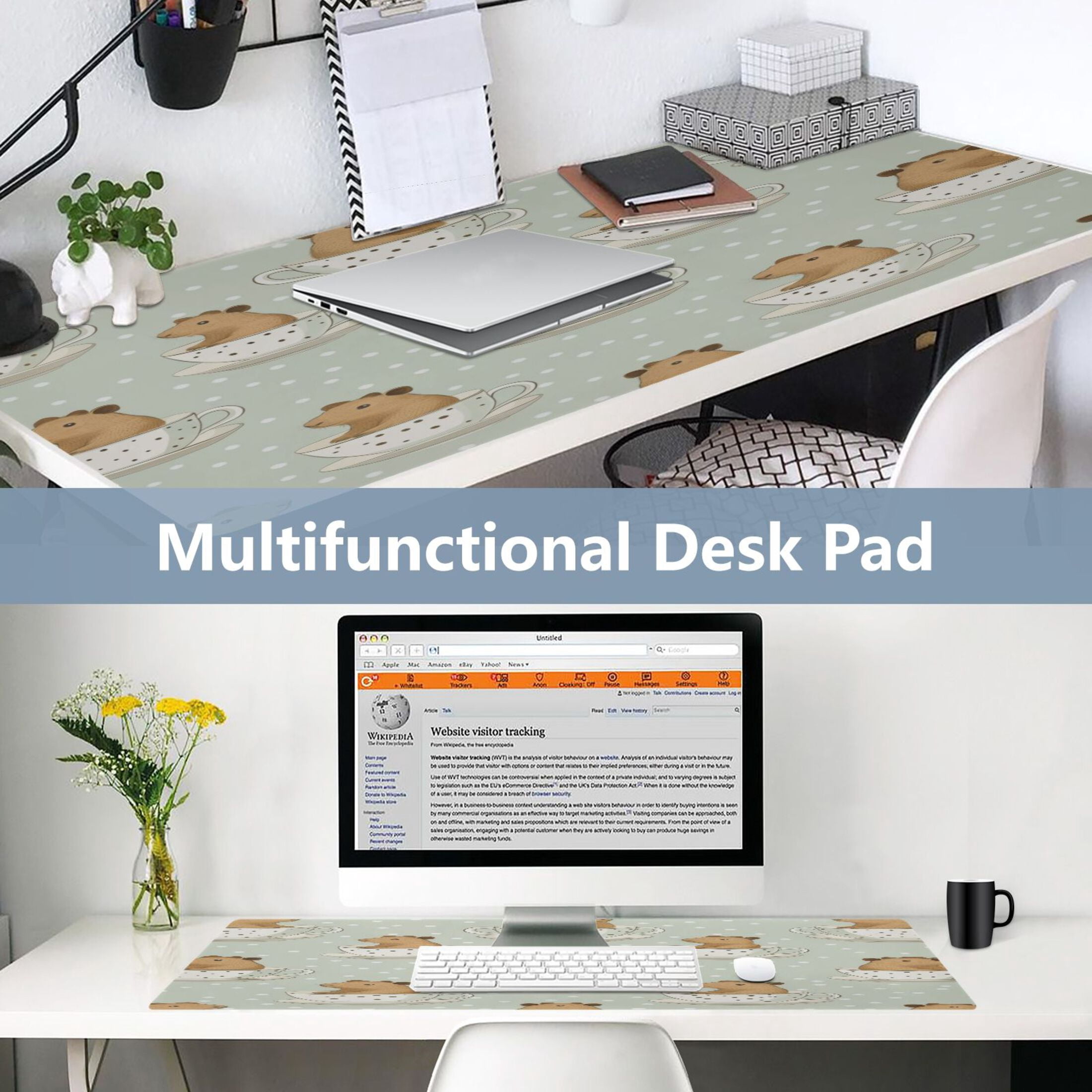 Leather Keyboard and Mouse Desk Mat Office Desk Accessories Protective Office Desk Decor Desk Pad Mat for Gaming, Work from Home, Office Cute Capybara in Coffee Cups 16.5" x 35.4"