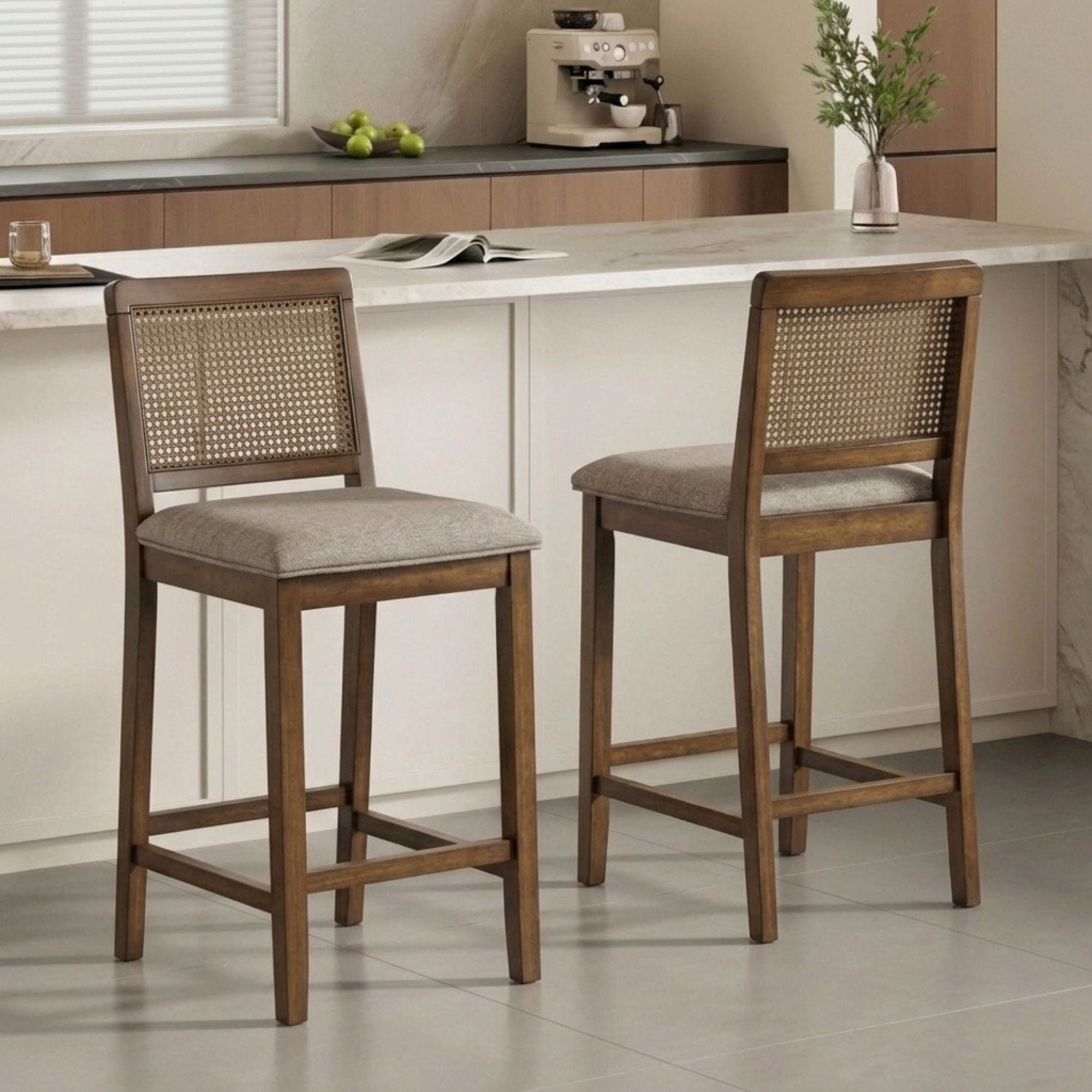 Guyou 26" Rattan Bar Stools Set of 2, Farmhouse Chenille Upholstered Counter Height Stools with Cane Woven Back, Mid-Century Modern Wooden Bar Chairs for Kitchen Island, Walnut Brown