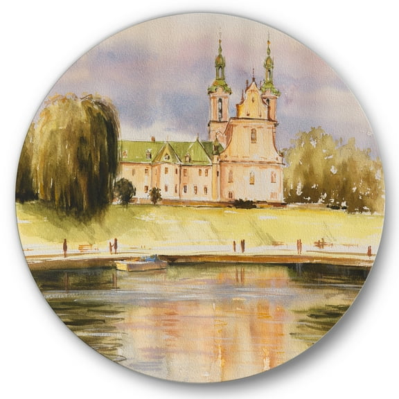Designart 'Historical Church On The Rock On Banks of The River' Lake House Circle Metal Wall Art 36x36 - Disc of 36