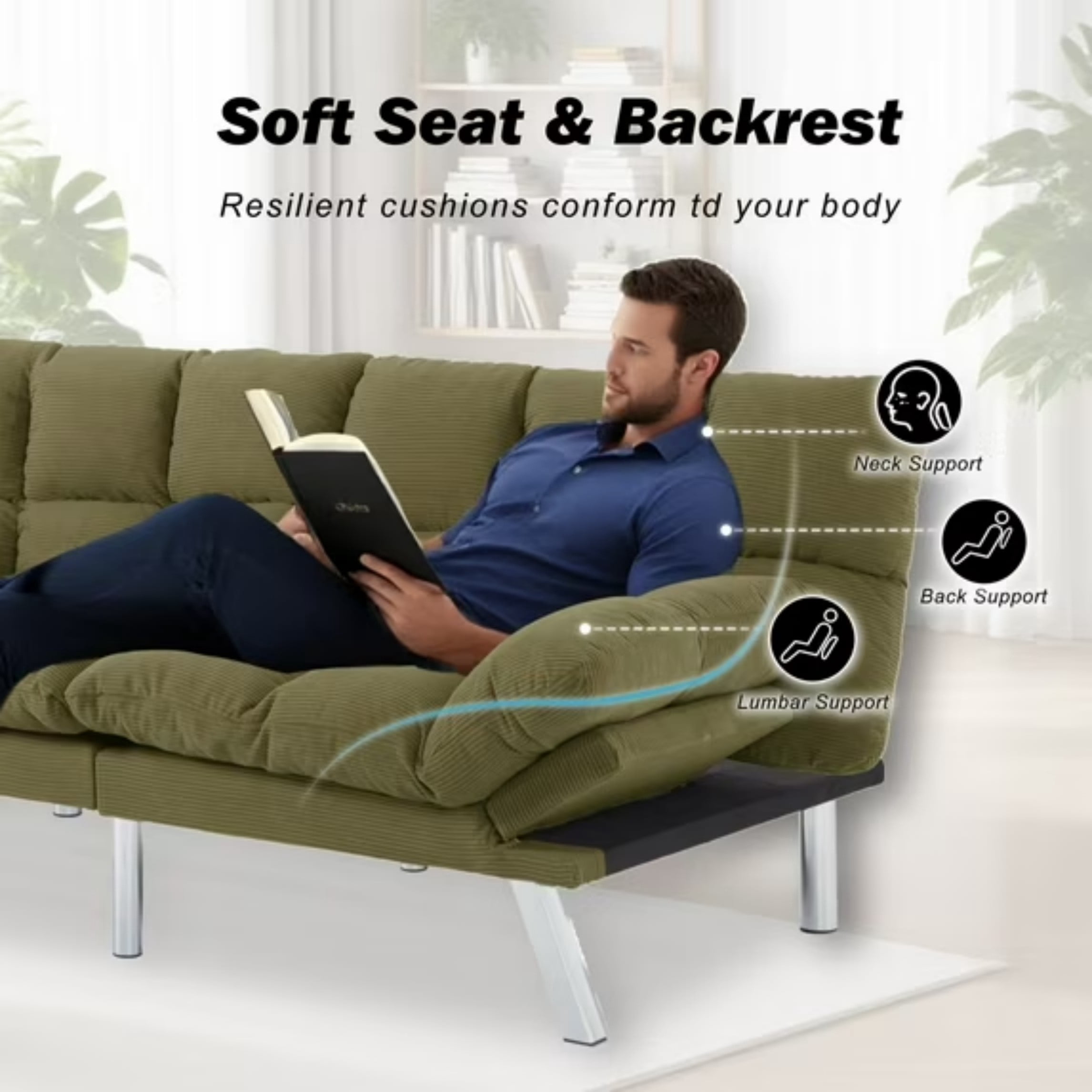 BSHTI 67.3" Futon Sofa Bed, Corduroy 3 in 1 Convertible Sofa Bed with Adjustable Backrest, Split-Back Design, Loveseat Sofabed for Living Room, Office, Guest Room, Green