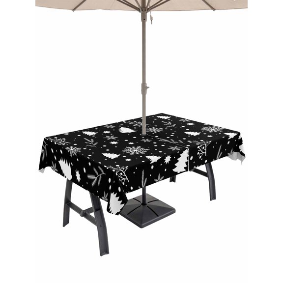 Outdoor Tablecloth with Umbrella Hole and Zipper, Christmas Black Rectangle Table Cloth 60x84 Inch Waterproof Tablecloth, Xmas Tree Winter Snowflakes Plants Holiday Picnic Table Cover for Patio