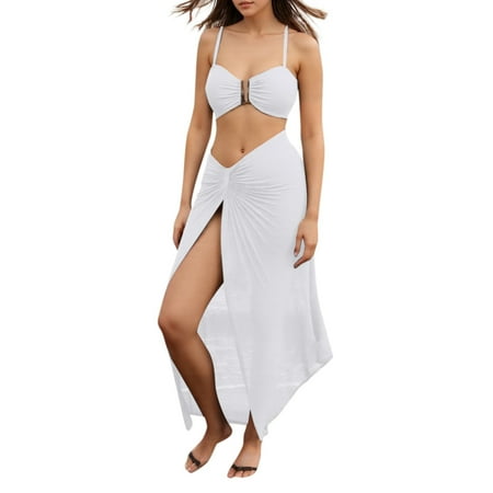 HABDGIKS Womens Bikini Solid Three Piece Long Pantyskirt Halter Bra Thongs French Style Split Swimsuit