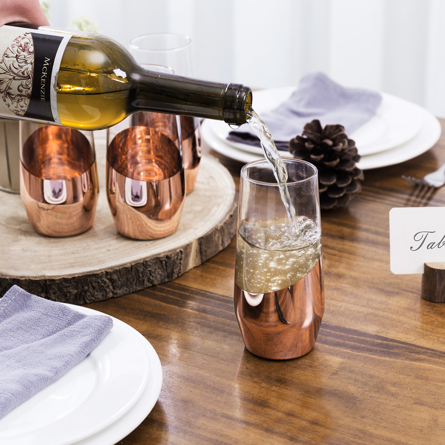 MyGift 11 oz Modern Copper Stemless Champagne Flute Glasses, Set of 4 Rose Gold Clear Glass