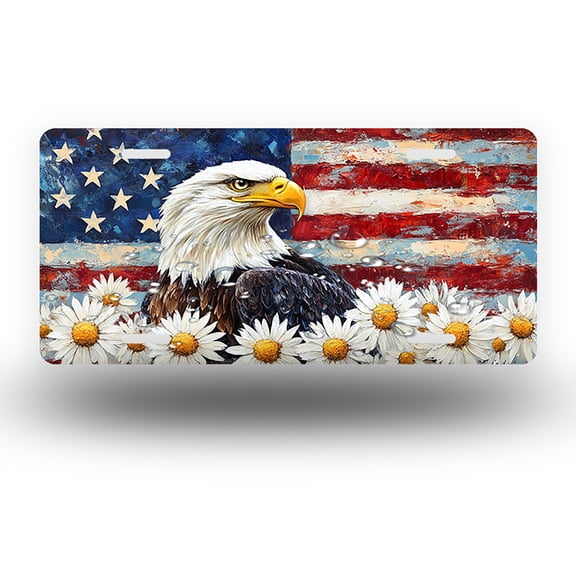 Bald eagle with daisy Front License Plate, Metal License Plate, Funny Standard Plates Personalized Novelty Decorative For Men/Women/Boys/Girls Car 6×12 Inch