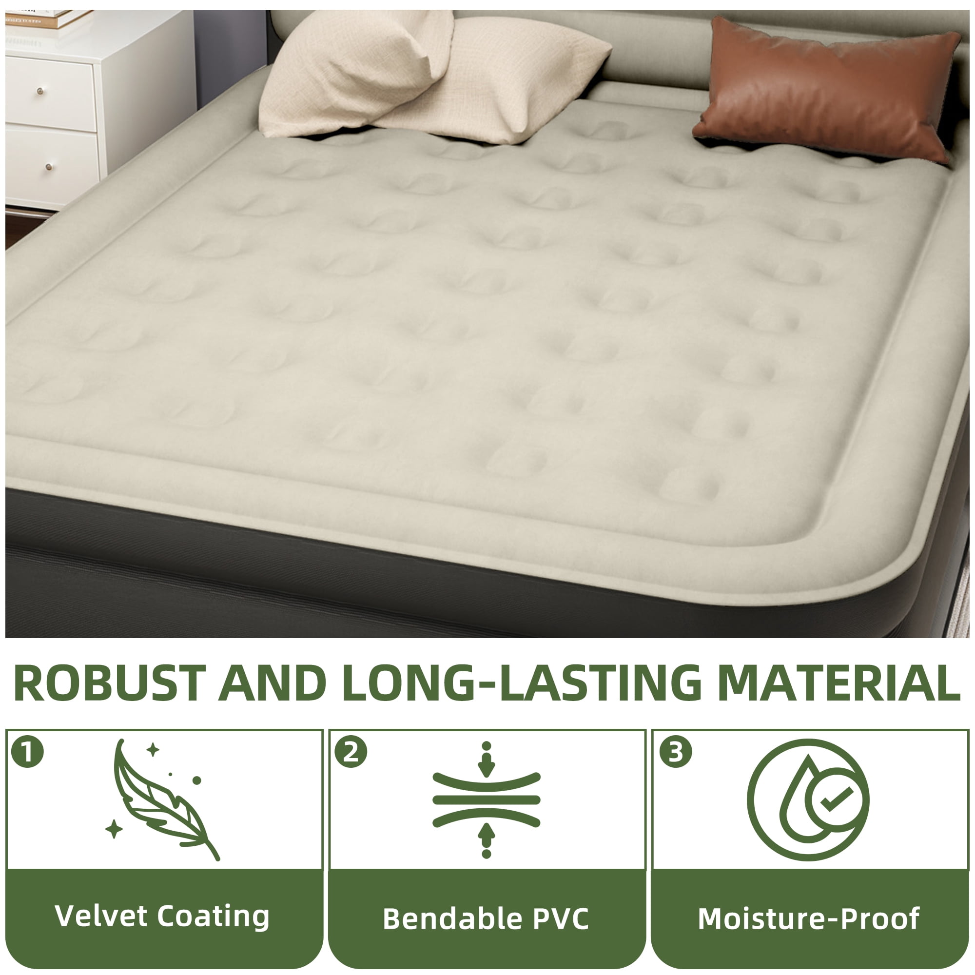 Uforic Queen Size Air Mattress with Built-in Headboard and Inflation Pump, 18in Deluxe Flocked Top Air Mattress, Sturdy Blow-Up Bed for Home & Visitors, Black