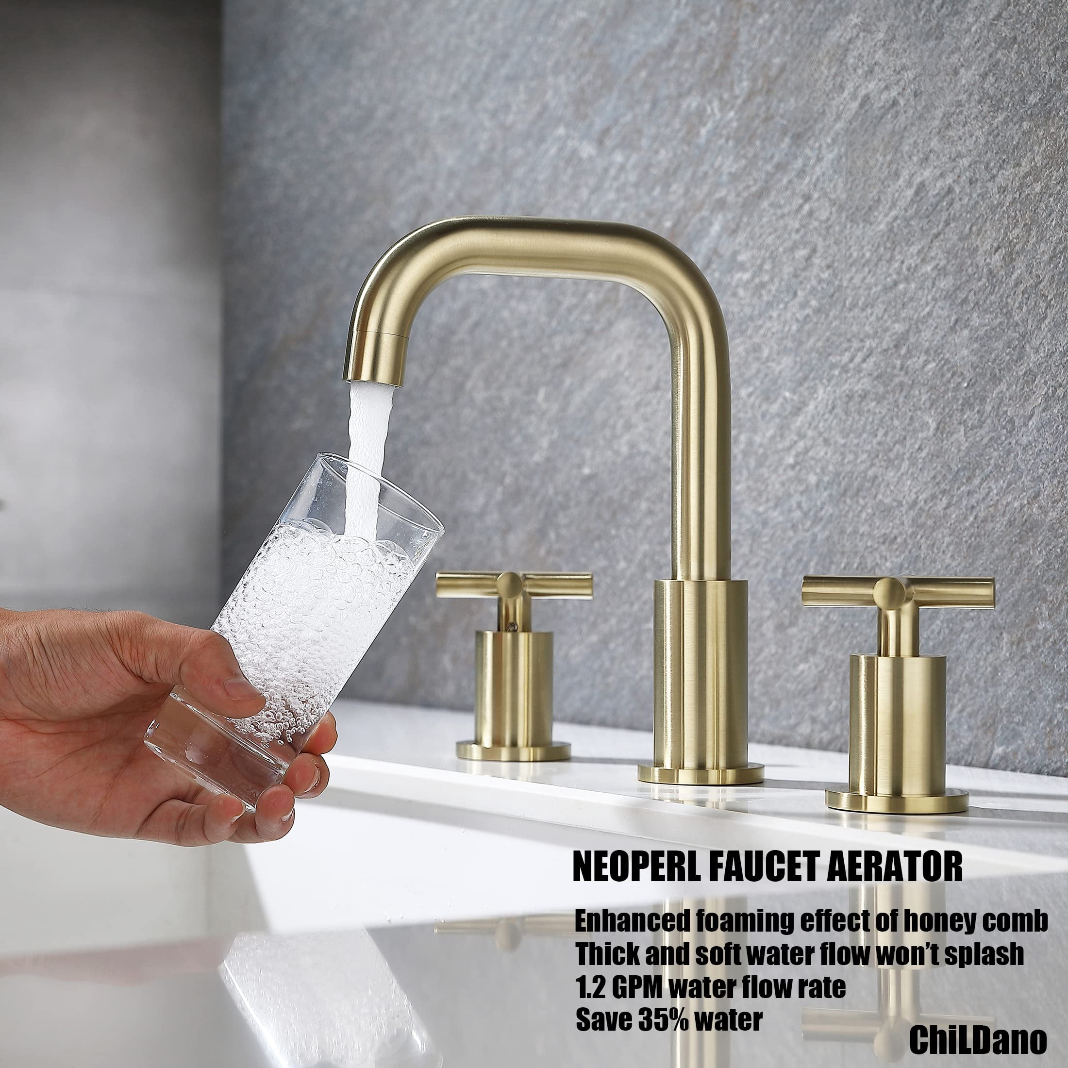 Adorer Brushed Gold 8 Inches Bathroom Faucet, 2 Handles Widespread Bathroom Sink Faucet 3 Hole  with Pop-Up Drain Assembly - 33163BG