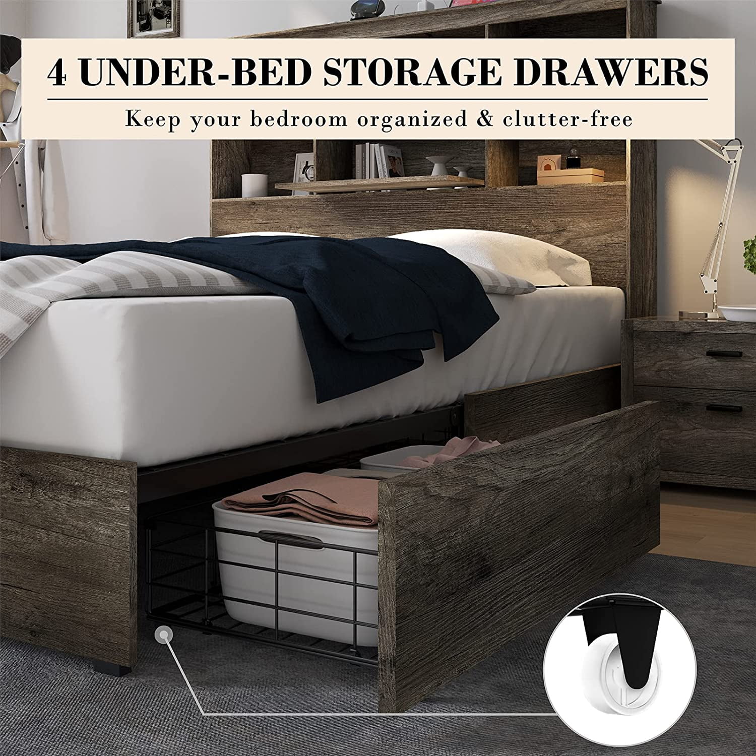 Merluxy Bookcase Headboard Bed King Size Rustic Style Wood Standard Bed, Grey