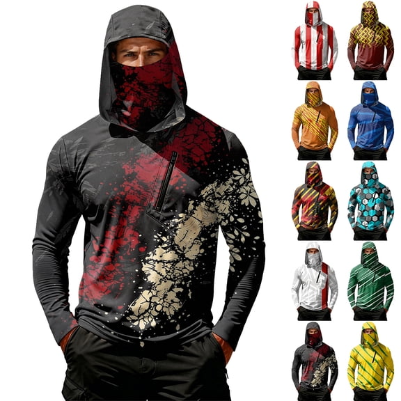 Mens Fishing Shirts Long Sleeve Sun Hoodies With Face Mask Uv Protection Cooling Hooded Rash Guard Shirts, S