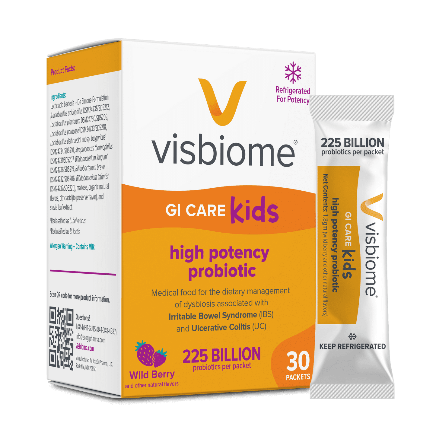 Visbiome® GI Care Kids - High Potency Probiotic - 225B CFU, Wild Berry, Ships Cold, 30 Packets