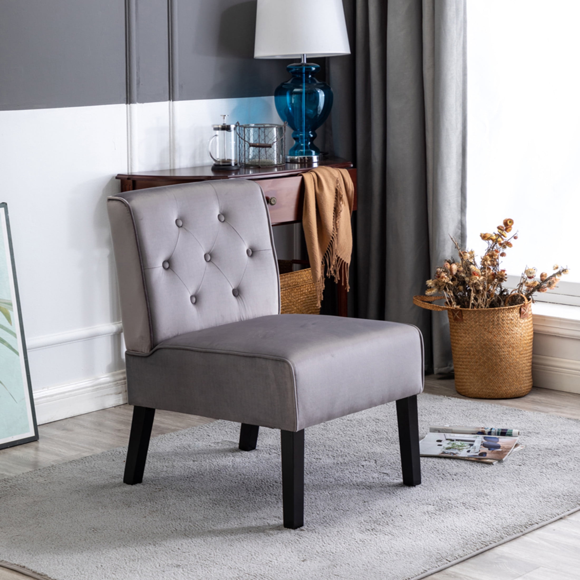 GDF Studio 21" Modern Accent Chairs Set of 2 with Button Tufted Velvet Upholstery, Tapered Wood Legs, Gray