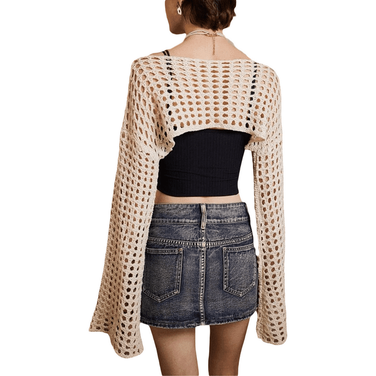 KEOMUD Women Crochet Knit See Through Tops Cover Up Fashion Long Sleeve  Crew Neck Short Top, Apricot, S : : Clothing & Accessories