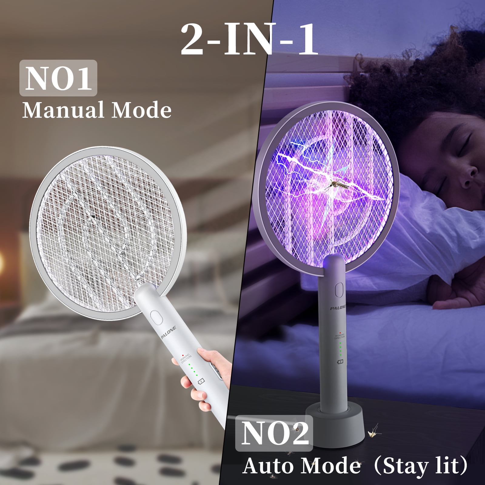 Bug Zapper, PALONE 2 in 1 USB Rechargeable Electric Fly Swatter Lamp & Racket, 3000V Pest Insects Control Flying Bugs Trap Mosquito Killer for Home, Kitchen, Office, Outdoor