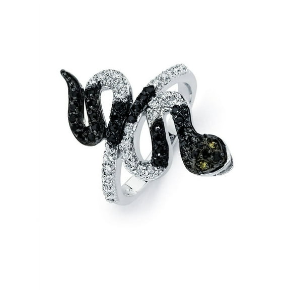 Clear And Black Cubic Zirconia Snake Ring Two Tone Rhodium Plated Sterling Silver Size 9