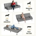 thumbnail image 4 of Lacoo Linen Futon Sofa Bed Modern Convertible Sleeper Couch with Removable Armrests & Cup Holders for Living Room,Small Spaces,PU Leather Gray, 4 of 7